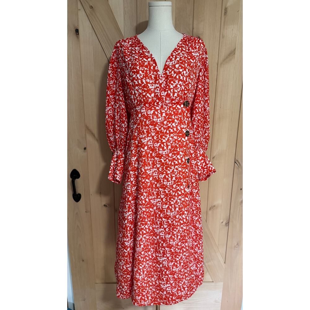 Ganni | Balloon Sleeve Orange Floral Print Crepe Midi Dress | Size 38 (US 6)